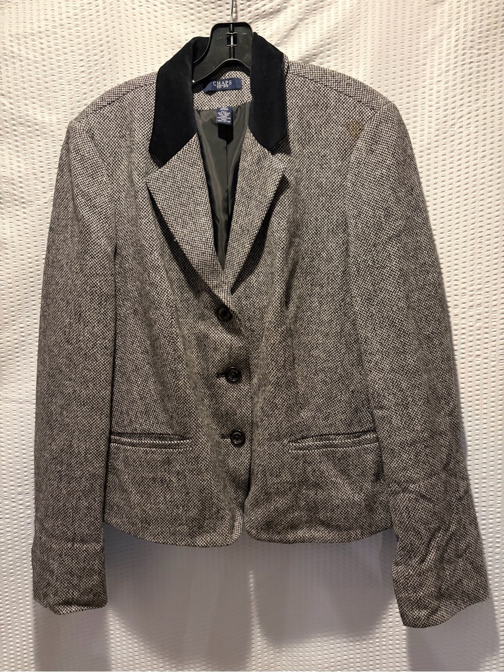 Chaps Gray Herringbone Blazer with Black Velvet Collar